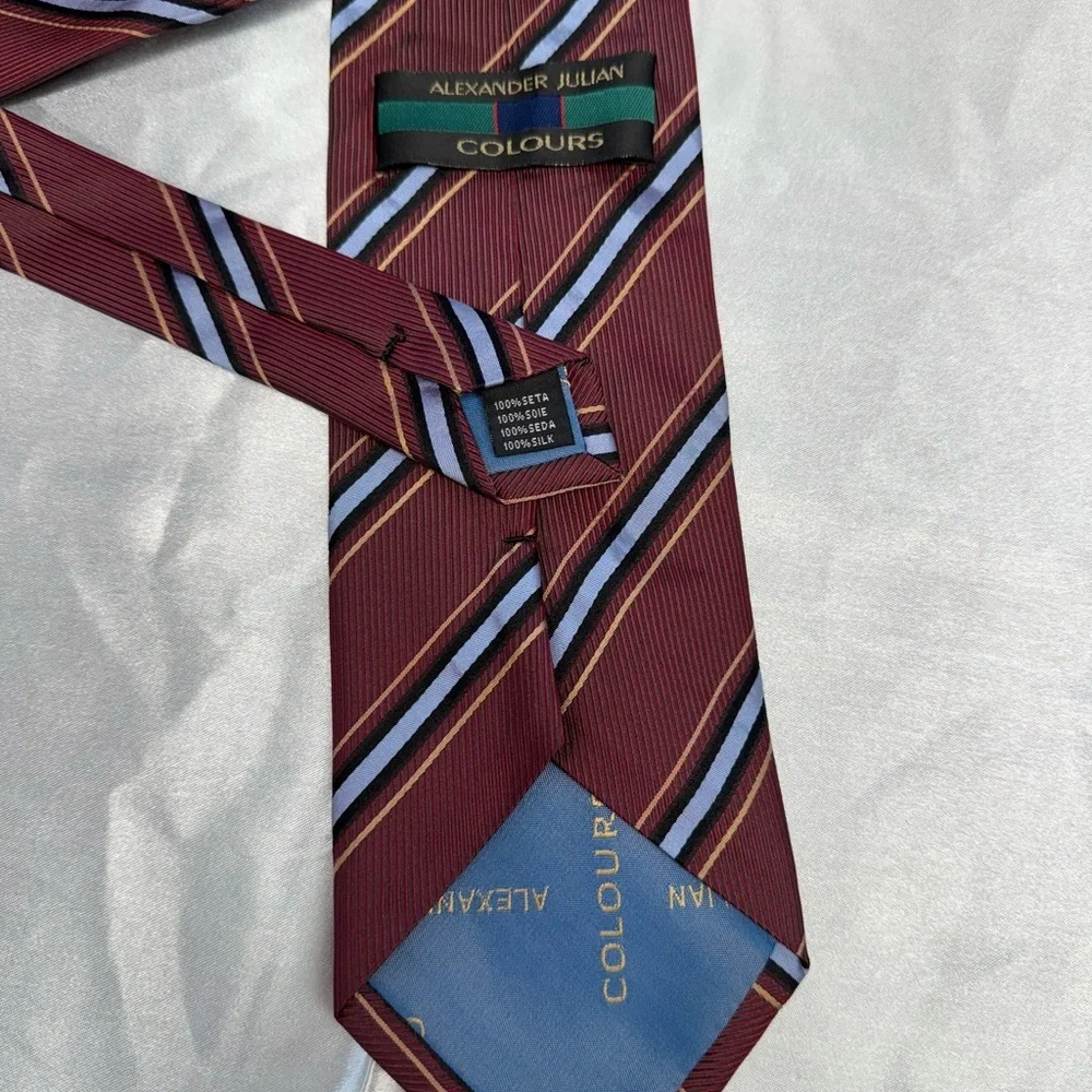 Alexander Julian Colours Burgundy & Blue Striped Men’s Tie 100% Silk